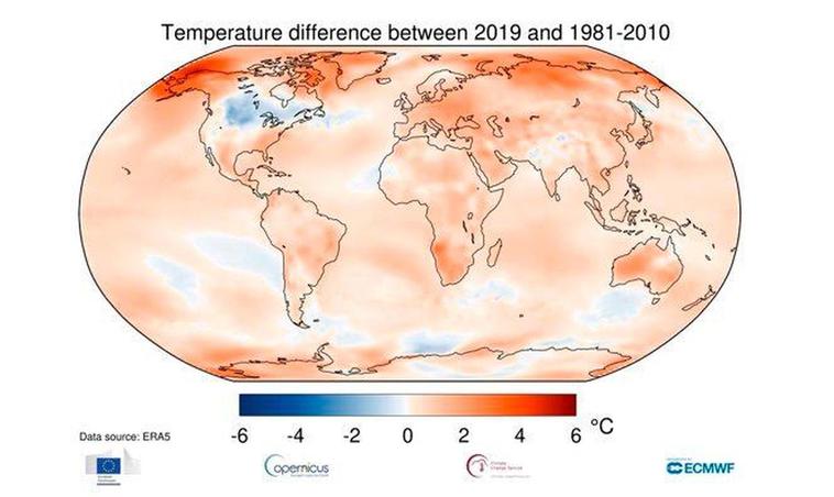 Temperatura del aire a una altura de dos metros para 2019.