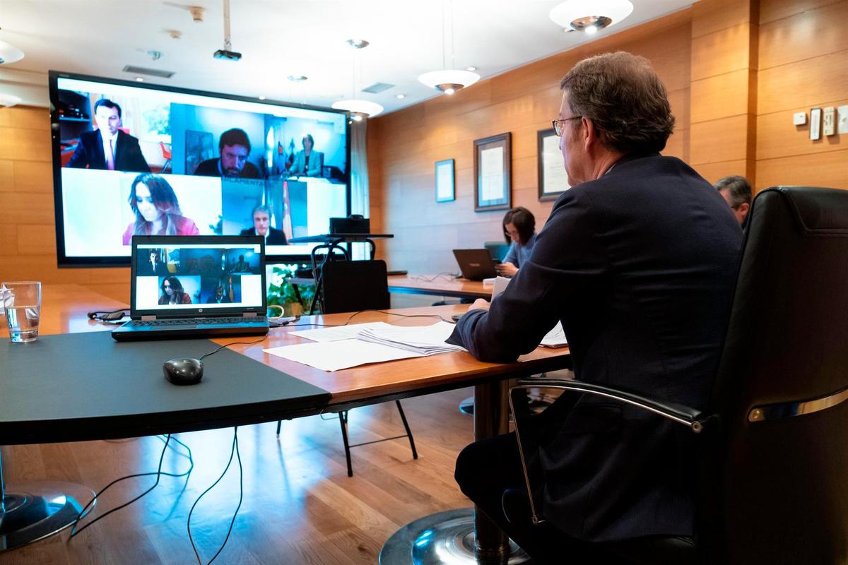 Núñez Feijóo en videoconferencia con los líderes del resto de fuerzas políticas.