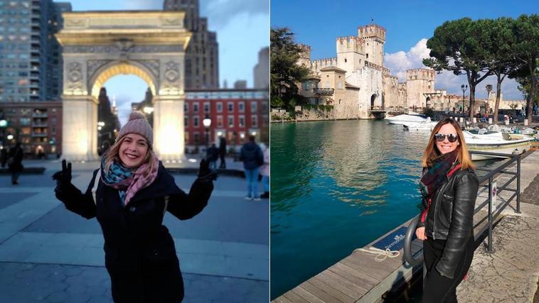 Nuria Sánchez en Nueva York y su hermana Marta Sánchez, en Sirmione (Italia).