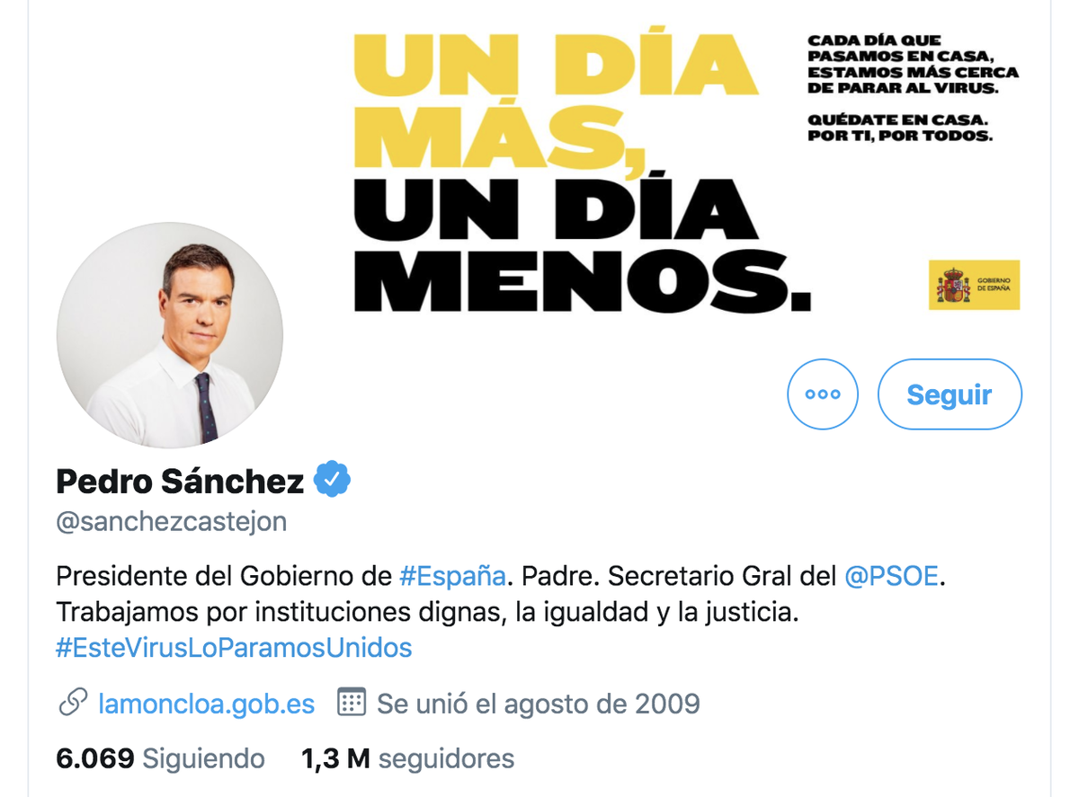 Captura de pantalla del perfil de Pedro Sánchez en Twitter.