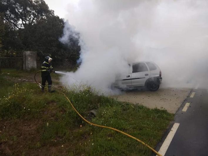 Los bomberos sofocan el incendio de un coche que echó a arder en plena carretera de Aldeavieja de Tormes