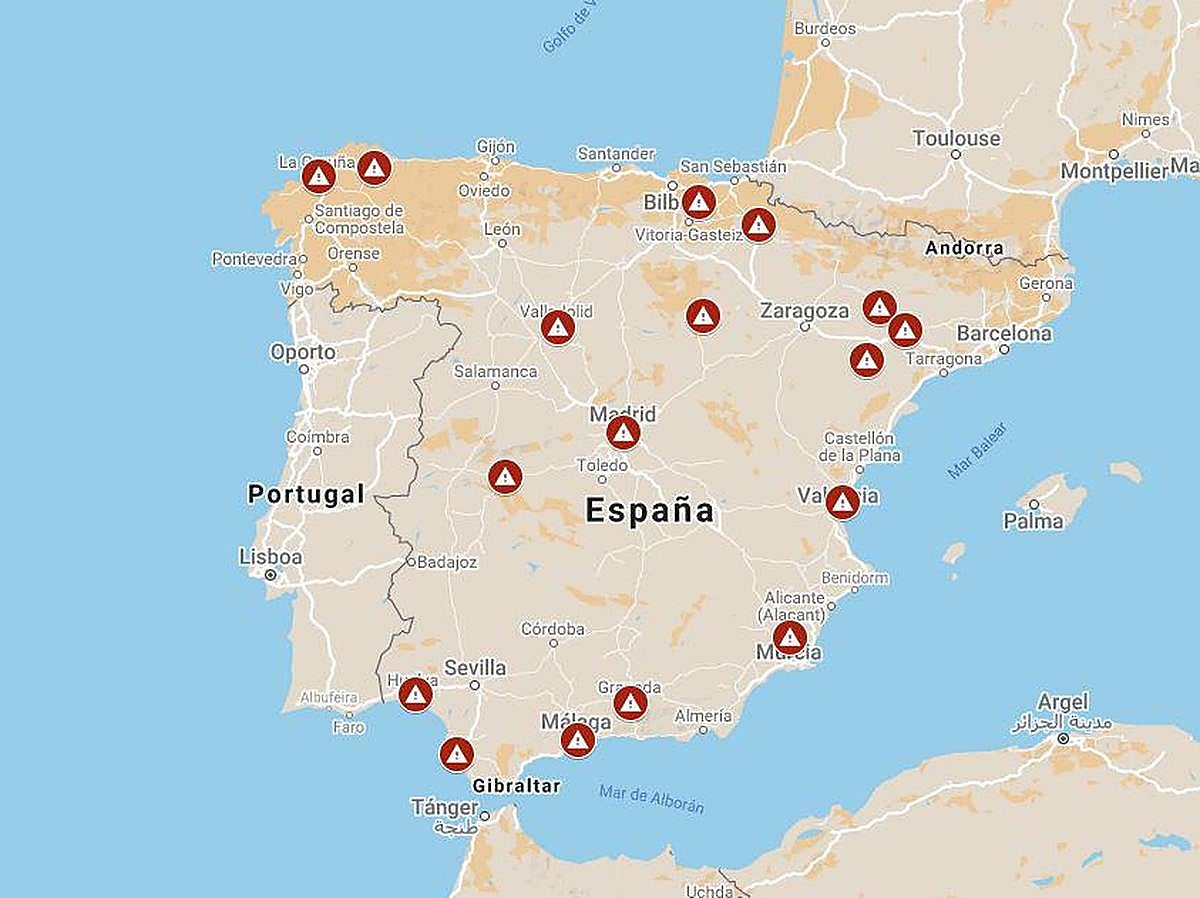 Mapa con los puntos en los que se encuentra algún rebrote activo.