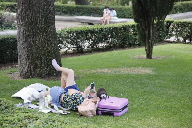 Un par de jóvenes, bajo la sombra de los árboles.