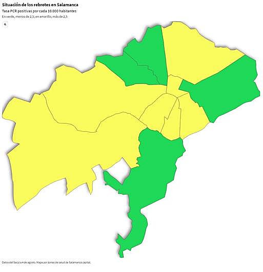 Imagen de las zonas en amarillo en el mapa de la Junta de Castilla y León.