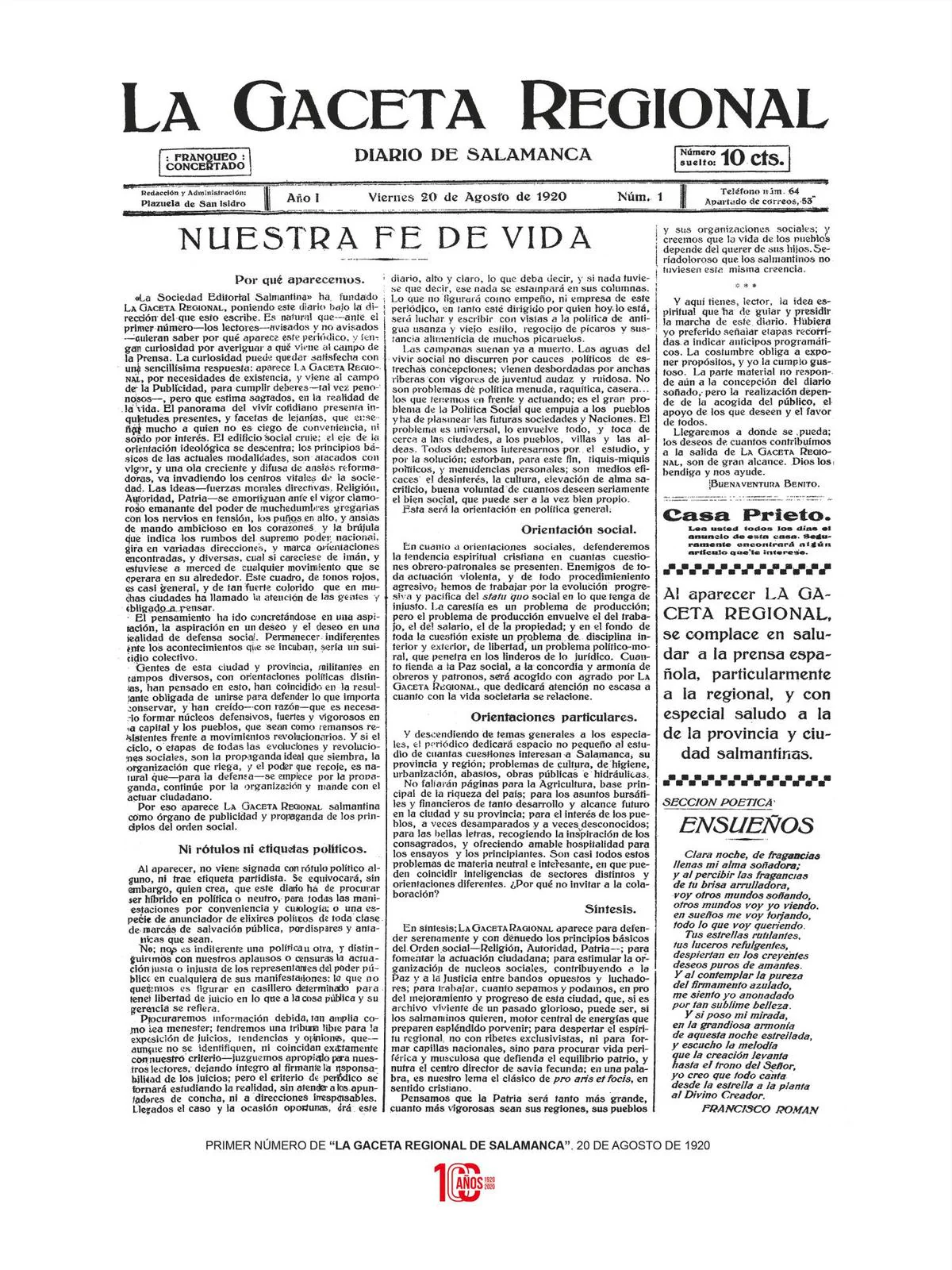 El primer número de LA GACETA, que salió publicado el 20 de agosto de 1920