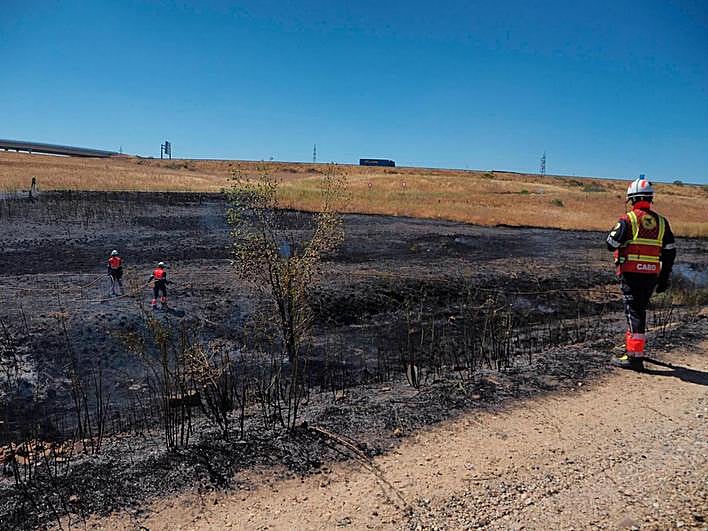 Varios bomberos controlan el incendio del lunes en Tejares.