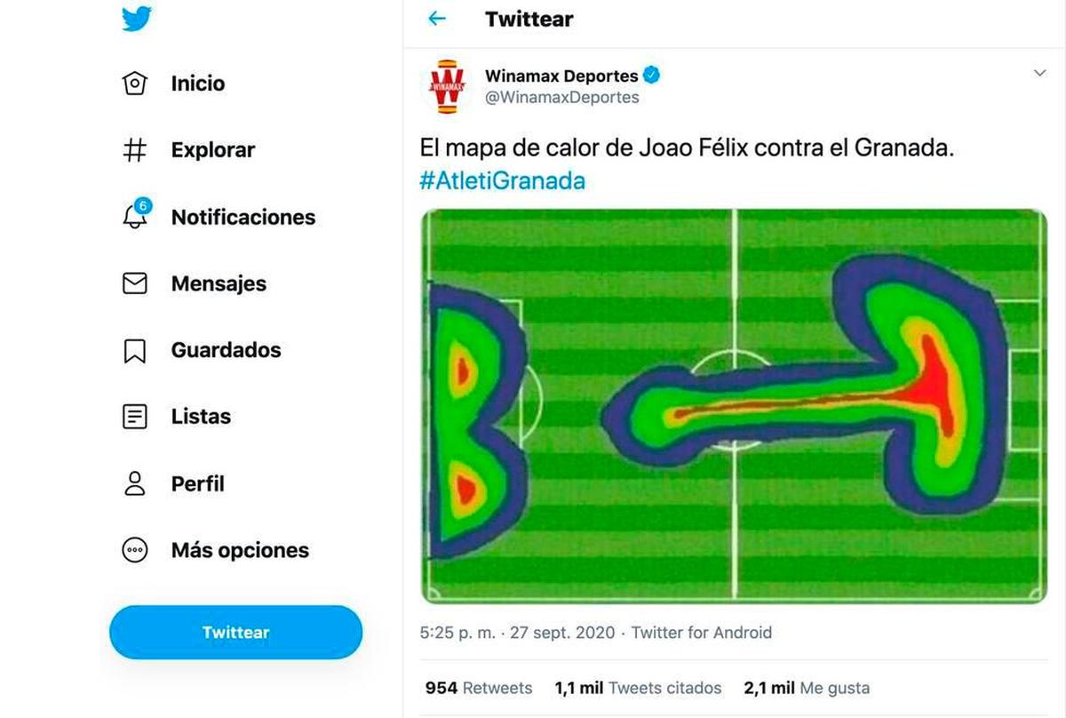 El tuit publicado por Winamax con el mapa de calor sexual de Joao Felix.