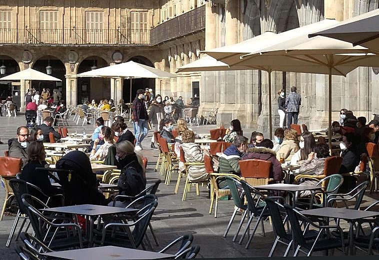 Clientes en las terrazas de la Plaza Mayor este sábado.
