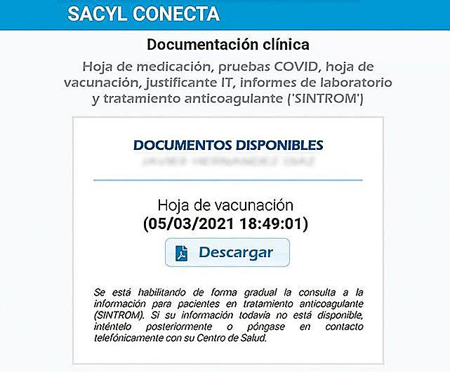 Pantallazo de la app Sacyl Conecta en el apartado de vacunación
