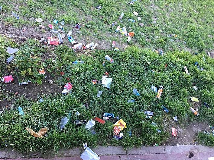 Restos de latas, botellas, bolsas de plástico e incluso petardos acumulados.