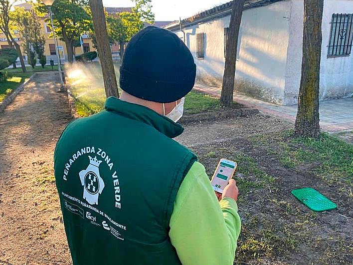 El monitor de Jardinería accionando el riego en una zona verde.