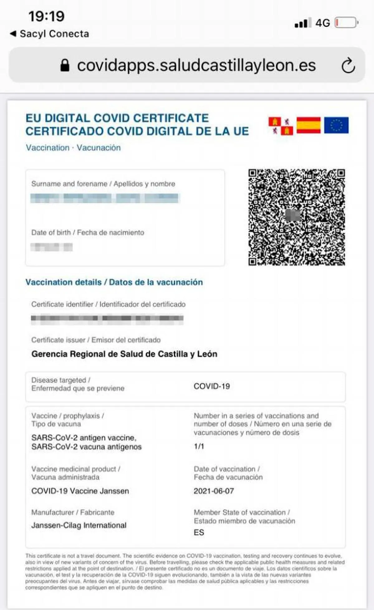 Vista del certificado que ofrece Sacyl Conecta.