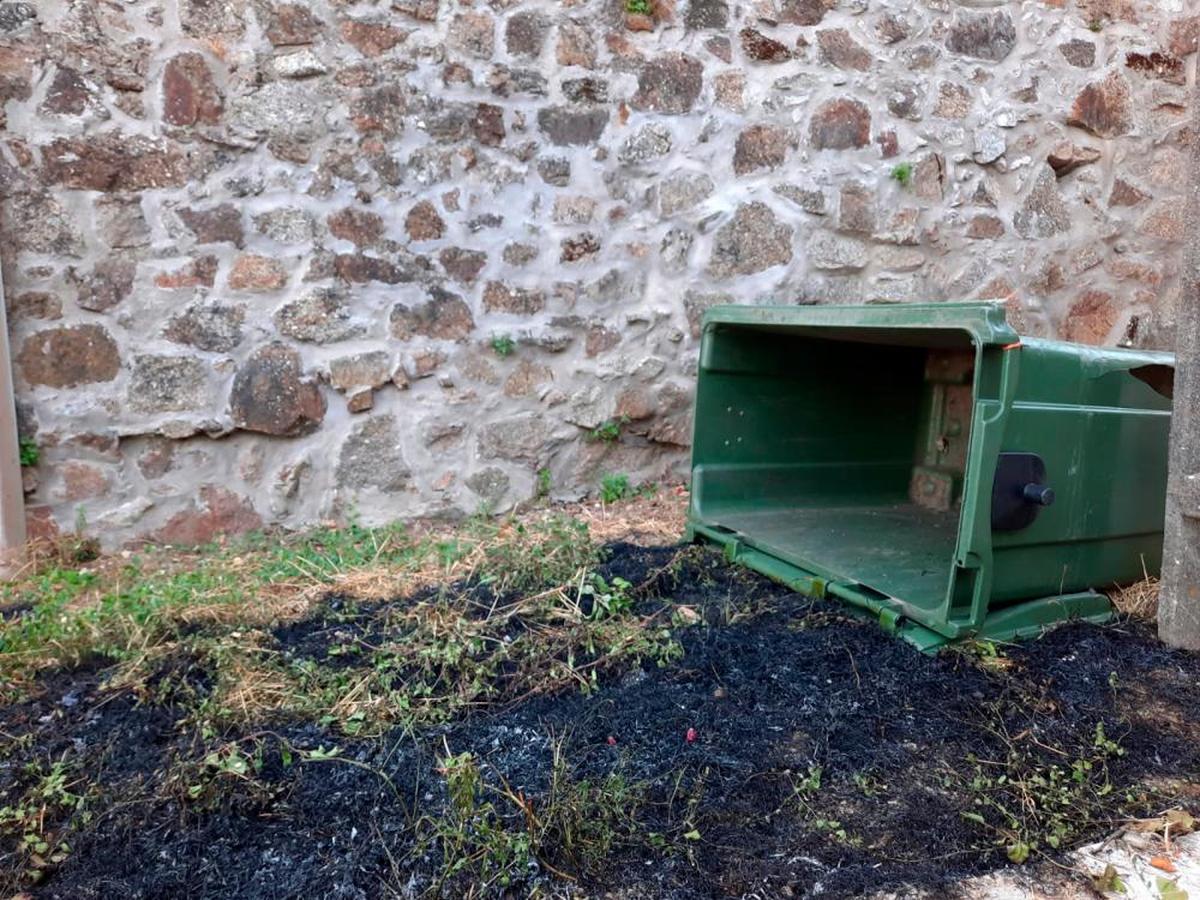 Imagen de uno de los contenedores volcados en la zona de pasto que ardió durante la madrugada I TEL