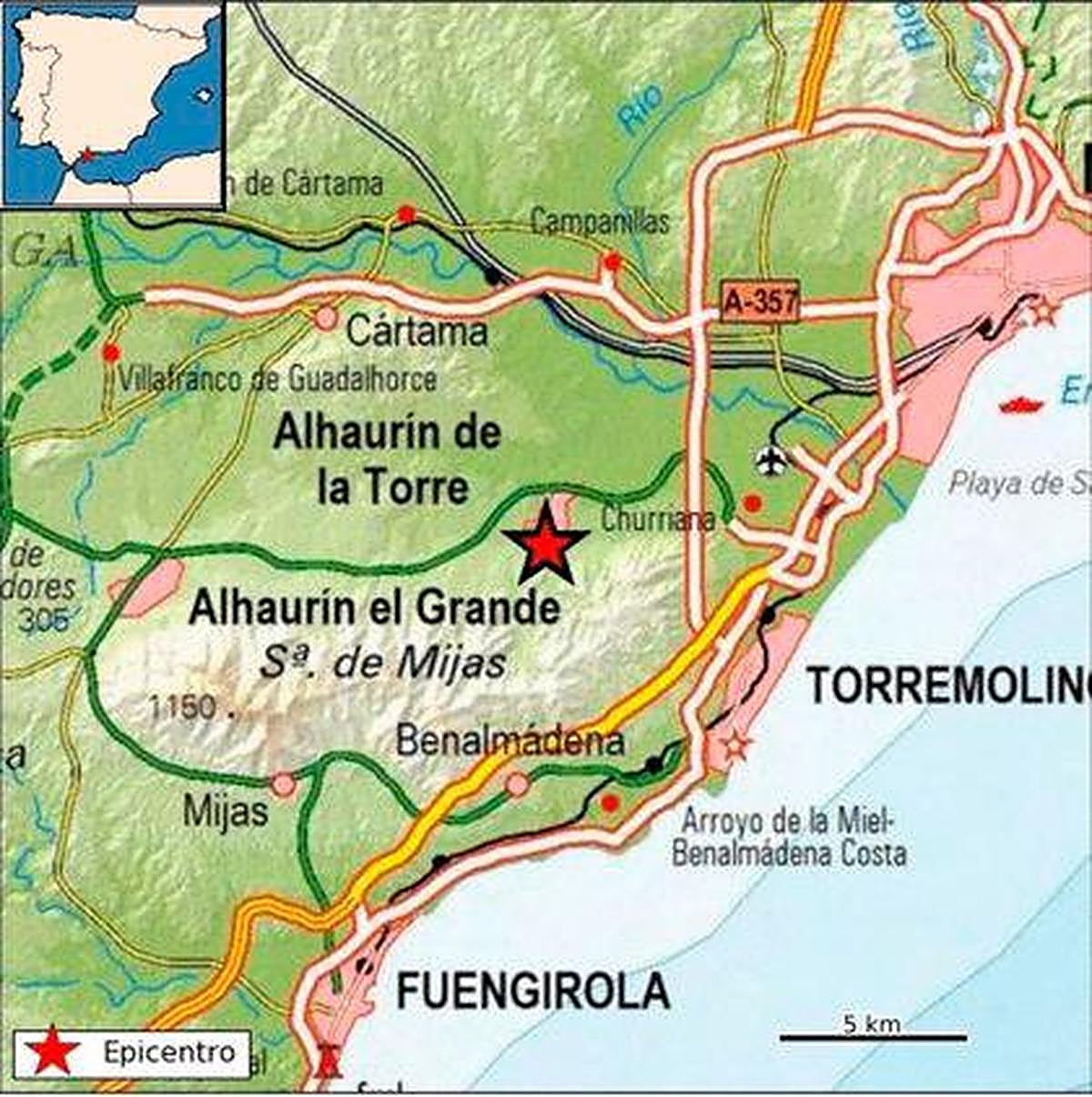 Mapa del seísmo en Alhaurín de la Torre.