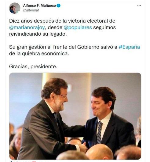 Mañueco reivindica el legado de Rajoy y recuerda que su “gran gestión salvó a España de la quiebra”