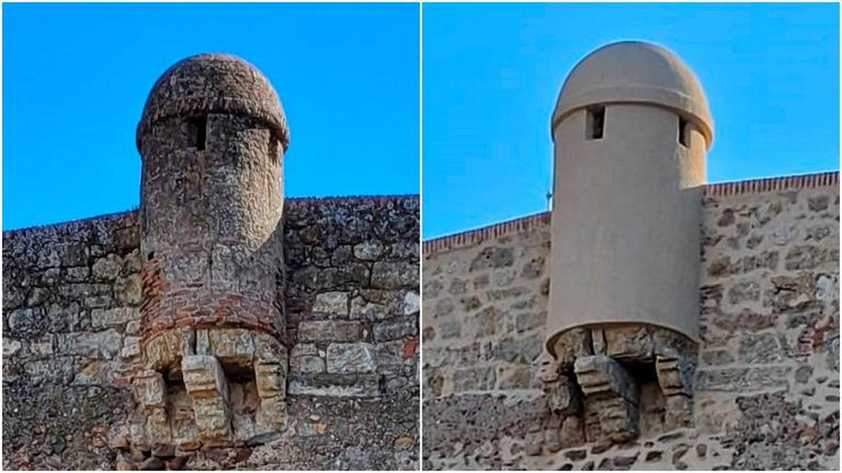 La garita que corona la Puerta de la Colada, antes y después de su restauración