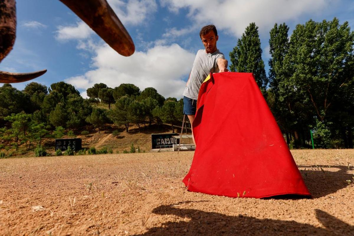 Damián Castaño entrenando con carretón en el campo.