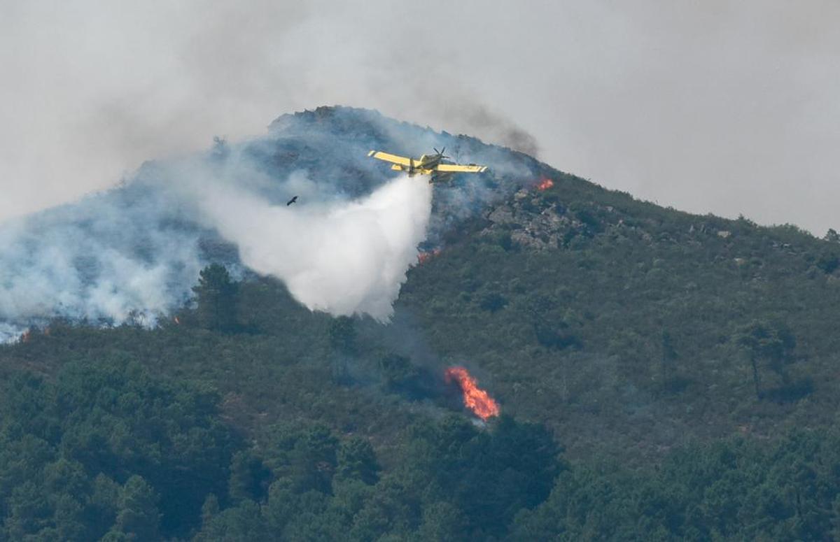 Un hidroavión anfibio echa agua sobre la vegetación afectada por el incendio en la comarca de Las Hurdes (Cáceres)