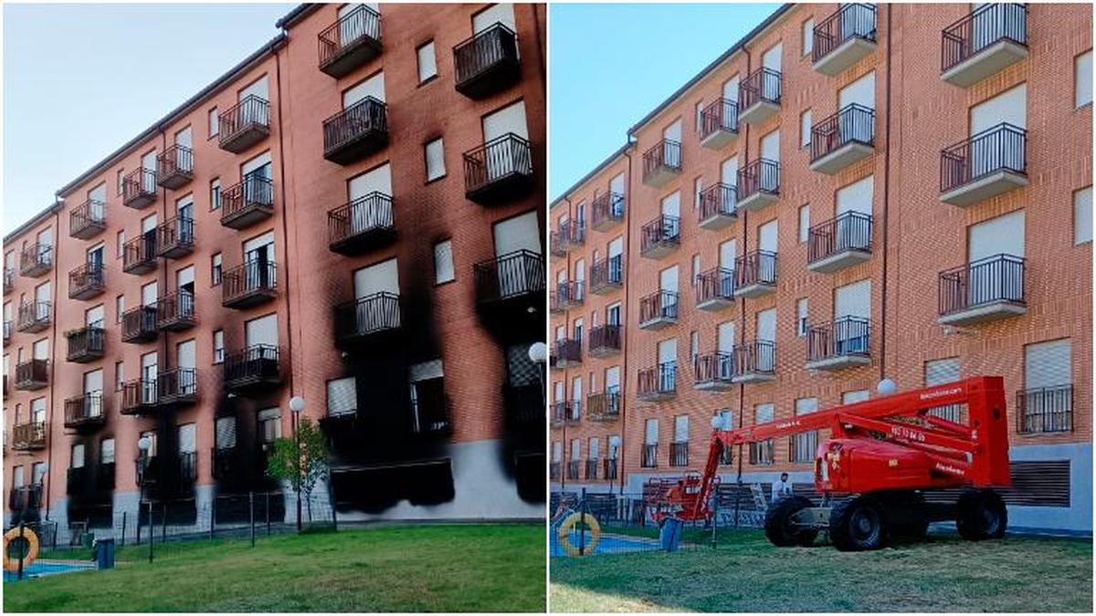 La fachada del edificio afectado, antes y después de la limpieza.