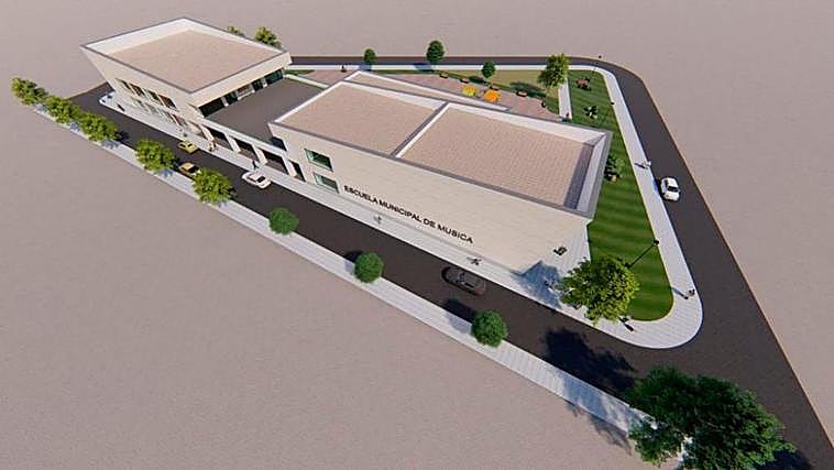 Dos imágenes del diseño de la futura Escuela de Música y Auditorio que se construirán en Villamayor de Armuña