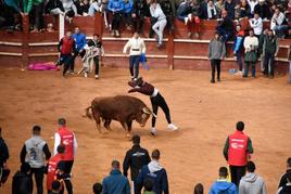 Un mozo hace un recorte al toro en la capea