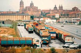 Colas de camiones, en la azucarera de Salamanca