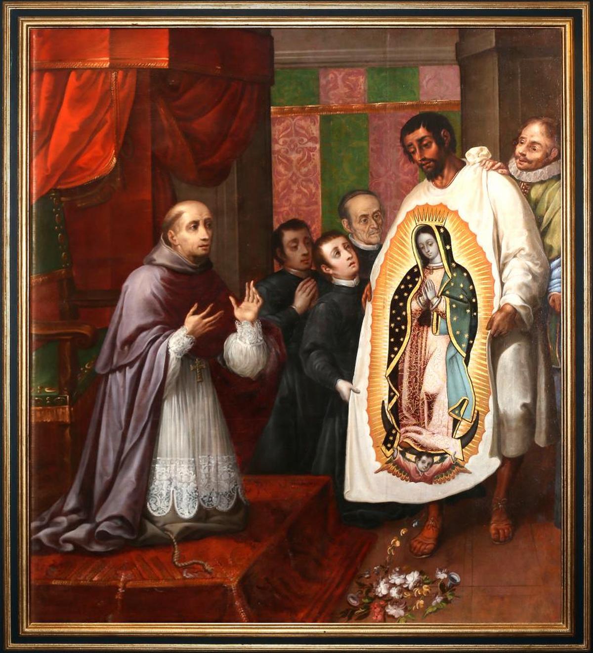 El cuadro muestra uno de los episodios relacionados con las cuatro apariciones de la Virgen de Guadalupe al campesino Juan Diego