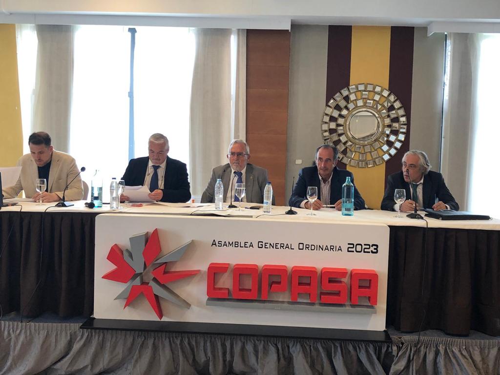 Alejandro Barcala, responsable de Administración; Víctor Rodríguez, gerente; Luis Martín, presidente; Manuel Pérez Tabernero, secretario; y Andrés Torres, abogado, durante la Asamblea de Copasa.