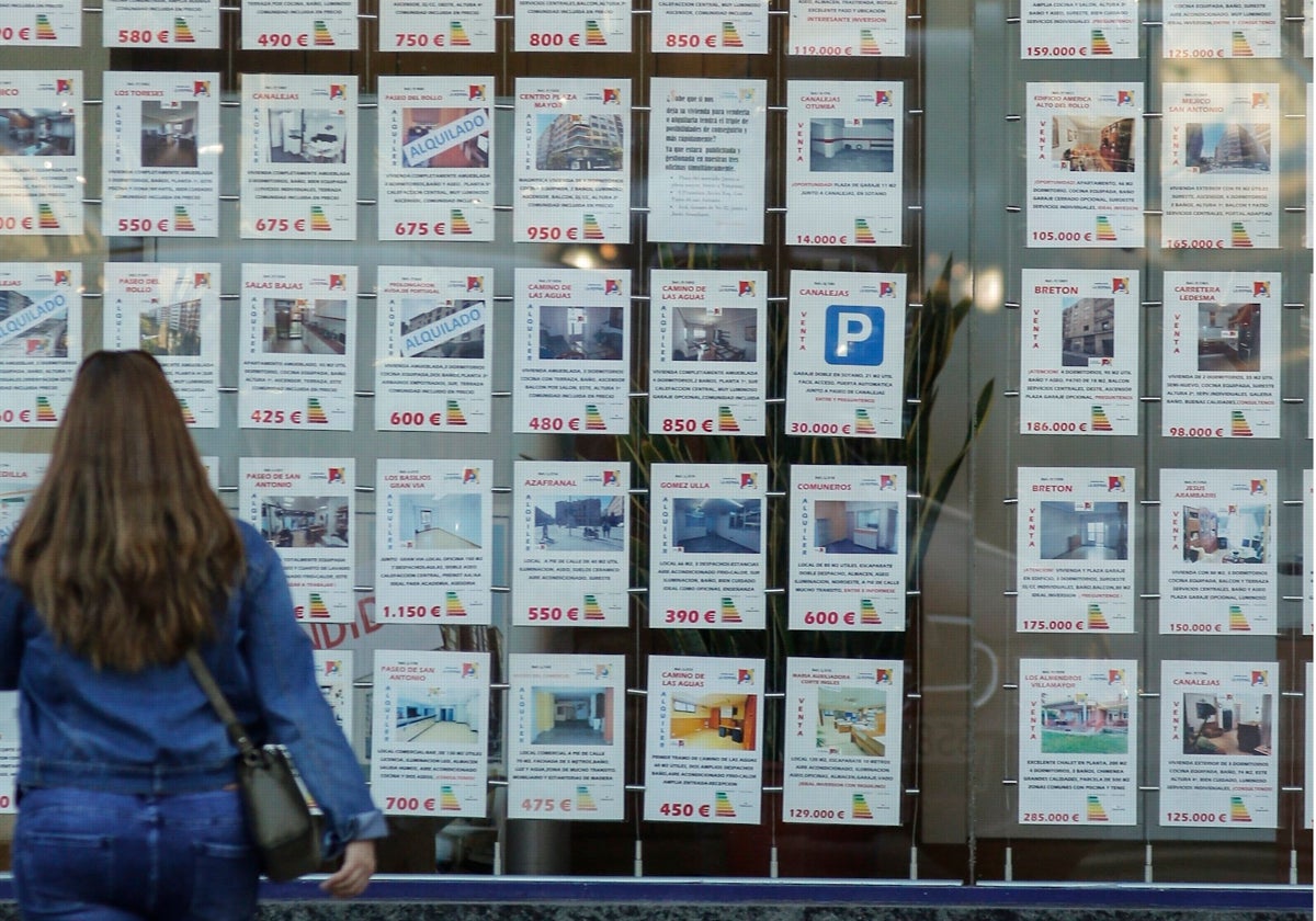 Una persona mirando carteles de viviendas en el escaparate de una inmobiliaria.