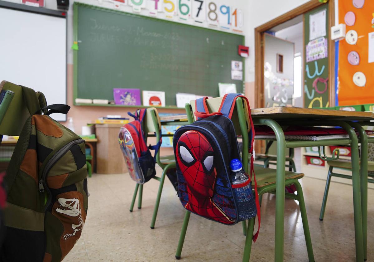 Mochilas de niños colgadas en sillas de un aula de Infantil.