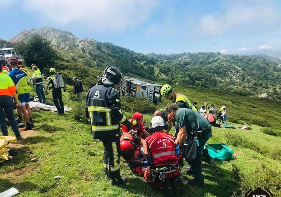 Los Bomberos y sanitarios atienden a los heridos del autobús siniestrado.