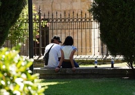 Personas buscando sombra e hidratándose durante el verano salmantino