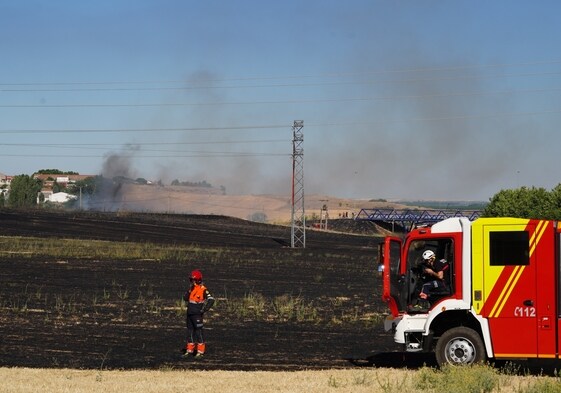 Los bomberos sofocan un incendio en un terreno.