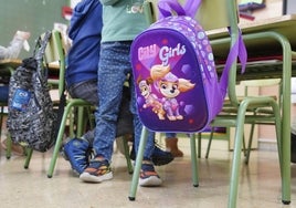 Mochilas de niños de Infantil colgadas en sus sillas.