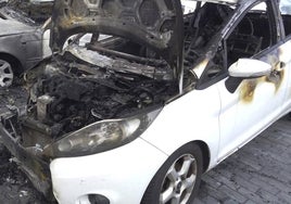 Vista de otro coche calcinado en un incendio en Tejares.