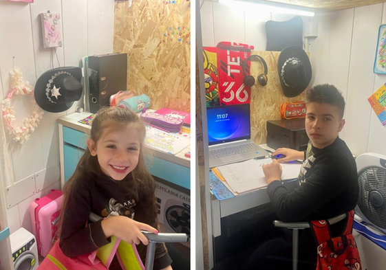 Yasmin y Yoann Carvalho estudian en una habitación habilitada para sus clases dentro de su caravana, instalada en el recinto ferial de La Aldehuela.