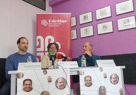 David Martín, María Gomes y Alfonso García en 'Padre Damián' durante la presentación de la campaña 'Personas Sin Hogar 2023'.