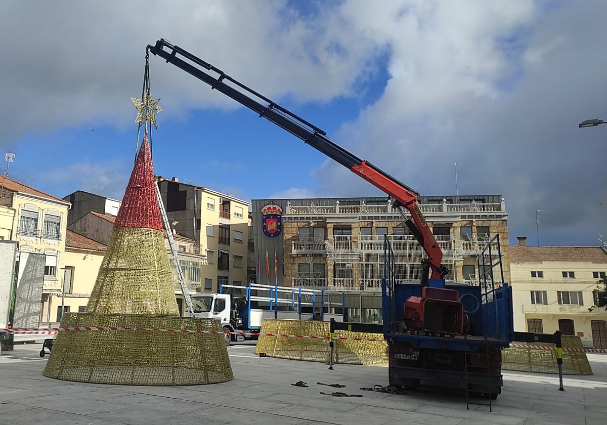 Imagen de los trabajos de colocación del gran árbol de Navidad que anuncia la llegada de las fiestas navideñas.