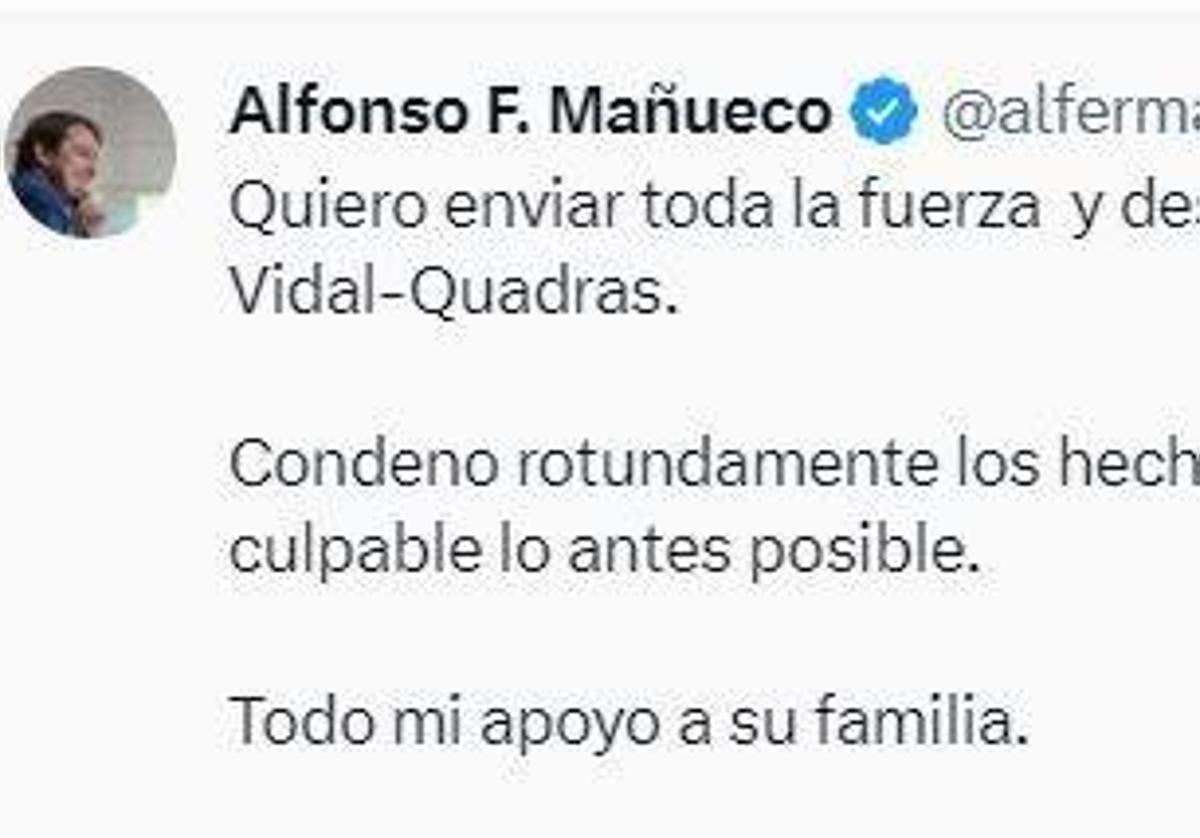 Mensaje de Alfonso Fernández Mañueco en el que condena el ataque con arma de fuego a Alejo Vidal-Quadras.