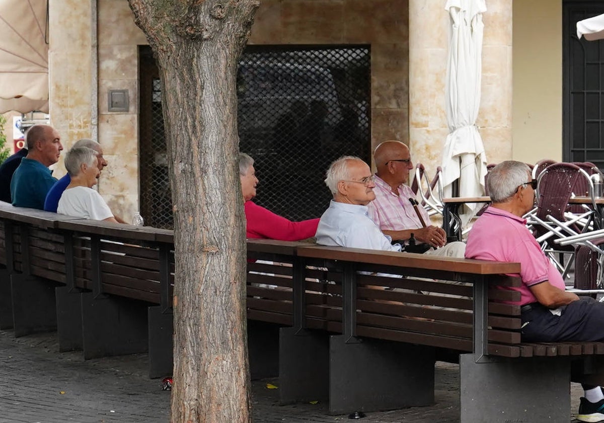 Un grupo de mayores, en un céntrico banco de Salamanca.