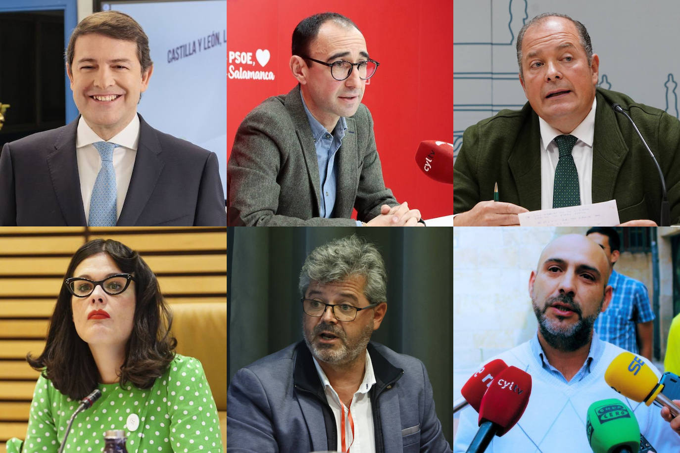 (De izq. a der.) Alfonso F. Mañueco (PP), David Serrada (PSOE), Ignacio Rivas (VOX), Virginia Carrera (IU), Manuel Hernández (Cs) y Pablo Fernández (España Vaciada)