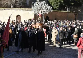 La imagen de San Sebastián rodeada por completo de mirobrigenses en el arranque de la solemne procesión desde la Catedral.