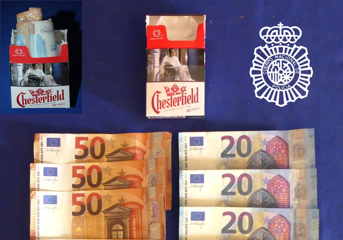 Billetes y cajetillas de tabaco incautados con motivo del arresto.