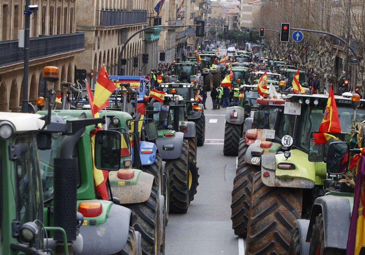 Tractores circulando a mediodía de ayer por la Gran Vía de Salamanca durante la protesta convocada por las organizaciones agrarias.