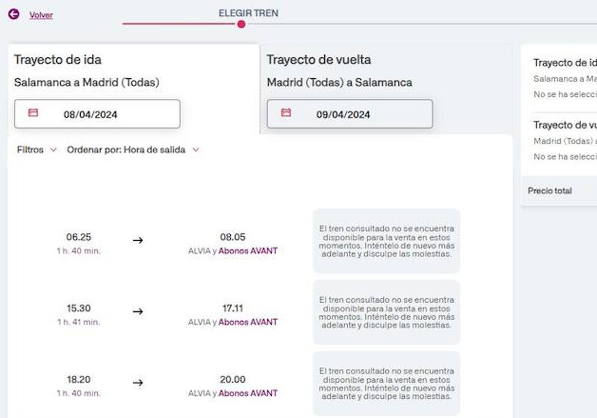 Captura de la web de Renfe en la que se ve que la venta de billetes a Madrid está bloqueada.