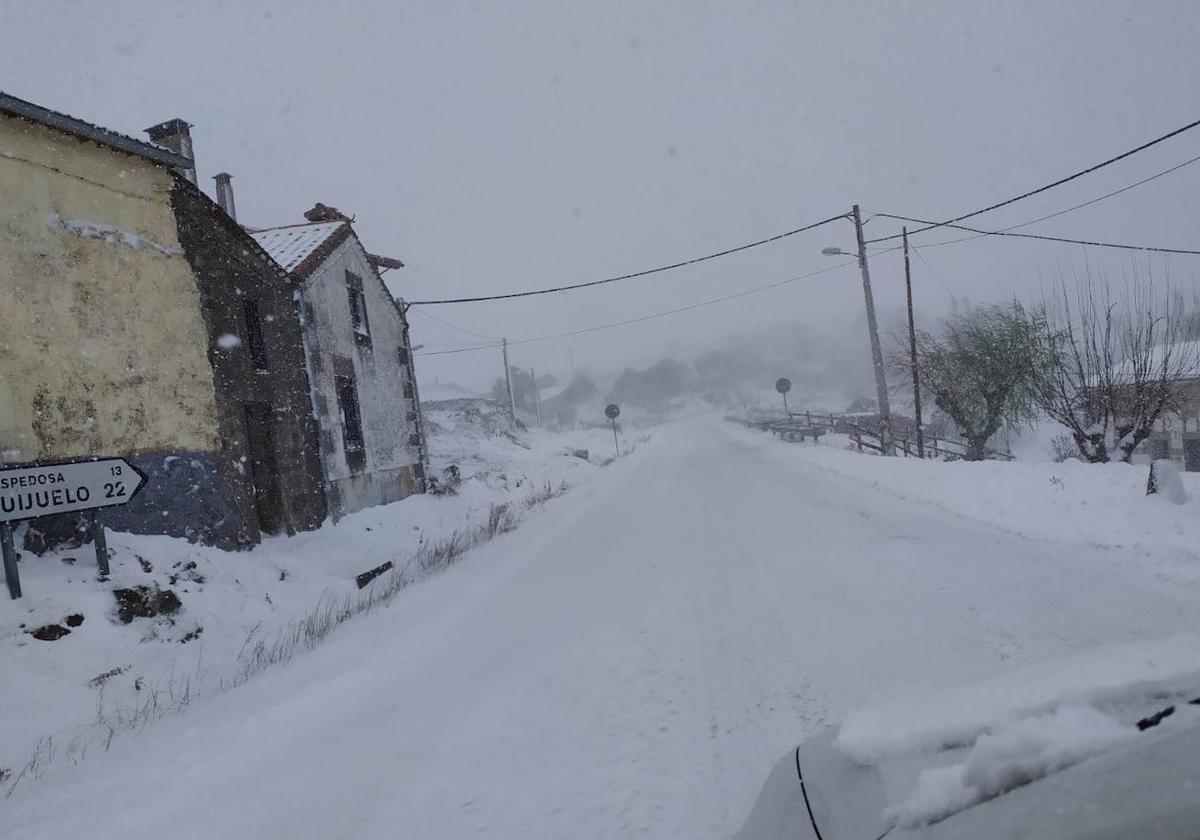 Una carretera secundaria de Salamanca, cubierta de nieve.