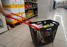 Una persona arrastra el carro de la compra por el pasillo de un supermercado.