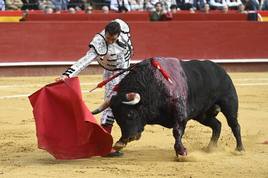 Derechazo de El Fandi a Patrón, el primer Montalvo lidiado ayer en Valencia.