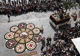 Imagen de la procesión de La Borriquilla a su paso por la espectacular alfombra de flores.