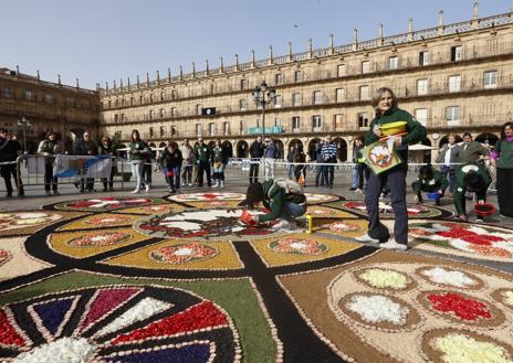 Imagen secundaria 1 - Así de espectacular ha quedado la alfombra de flores en la Plaza Mayor para la Borriquilla